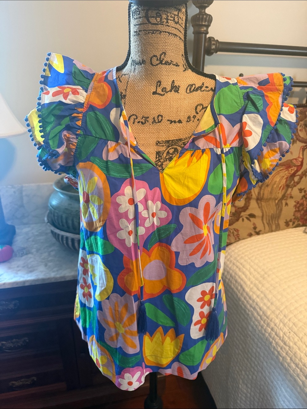 Joy Joy Bold Floral Flutter Sleeve Top in Blue, Green & Yellow